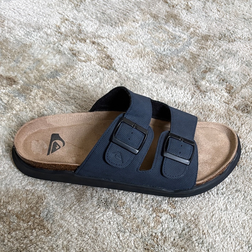 Quiksilver Embark deck slides. Double Buckle Slide Sandals in Navy and Tan - Picture 2 of 4